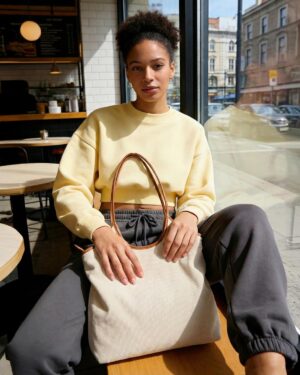 Cream Corduroy Tote Bag with Tan Shoulder Straps - Image 3