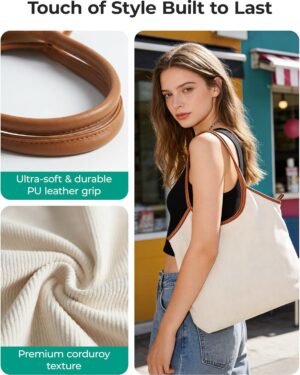 Cream Corduroy Tote Bag with Tan Shoulder Straps - Image 4
