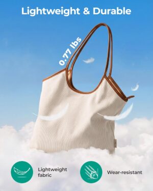 Cream Corduroy Tote Bag with Tan Shoulder Straps - Image 7