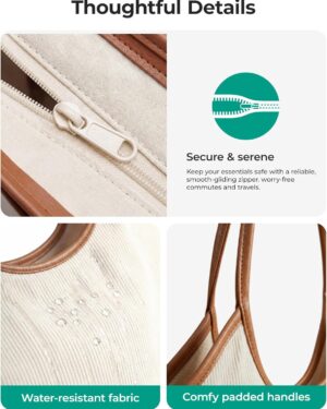 Cream Corduroy Tote Bag with Tan Shoulder Straps - Image 8