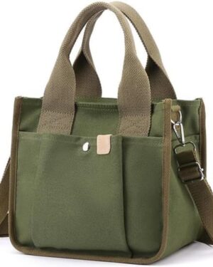 Light Green Canvas Multi-Pocket Tote Bag with Crossbody Strap - Image 11