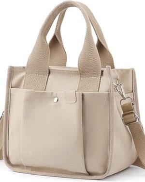 Light Green Canvas Multi-Pocket Tote Bag with Crossbody Strap - Image 12