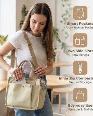 Light Green Canvas Multi-Pocket Tote Bag with Crossbody Strap - Image 2