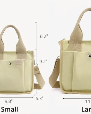 Light Green Canvas Multi-Pocket Tote Bag with Crossbody Strap - Image 3