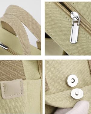Light Green Canvas Multi-Pocket Tote Bag with Crossbody Strap - Image 5