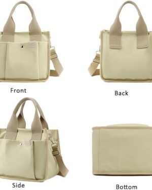 Light Green Canvas Multi-Pocket Tote Bag with Crossbody Strap - Image 6