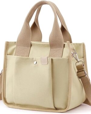 Light Green Canvas Multi-Pocket Tote Bag with Crossbody Strap - Image 7