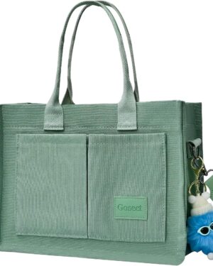 Light Green Canvas Shoulder Tote Bag with Front Pockets