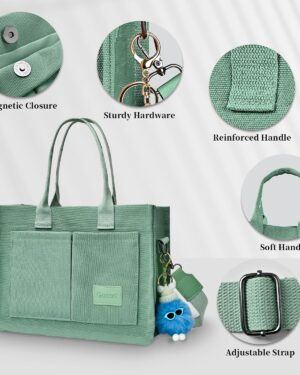 Light Green Canvas Shoulder Tote Bag with Front Pockets - Image 5
