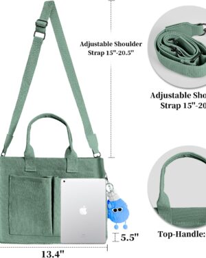 Light Green Canvas Shoulder Tote Bag with Front Pockets - Image 6