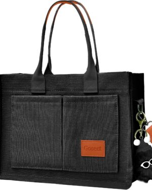 Light Green Canvas Shoulder Tote Bag with Front Pockets - Image 8
